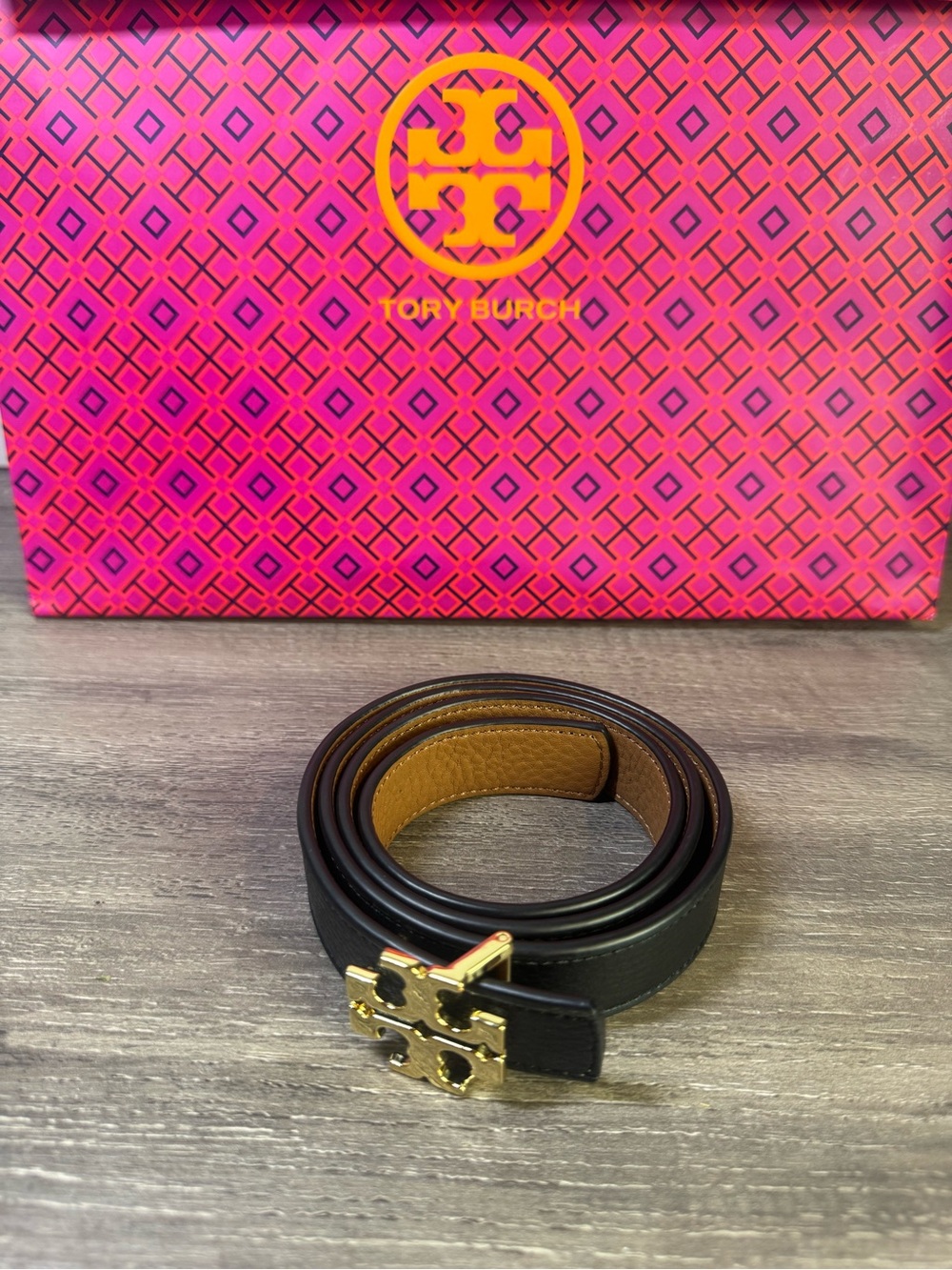 Tory Burch Miller Pebbled Leather Belt with Gold Logo Buckle S/M